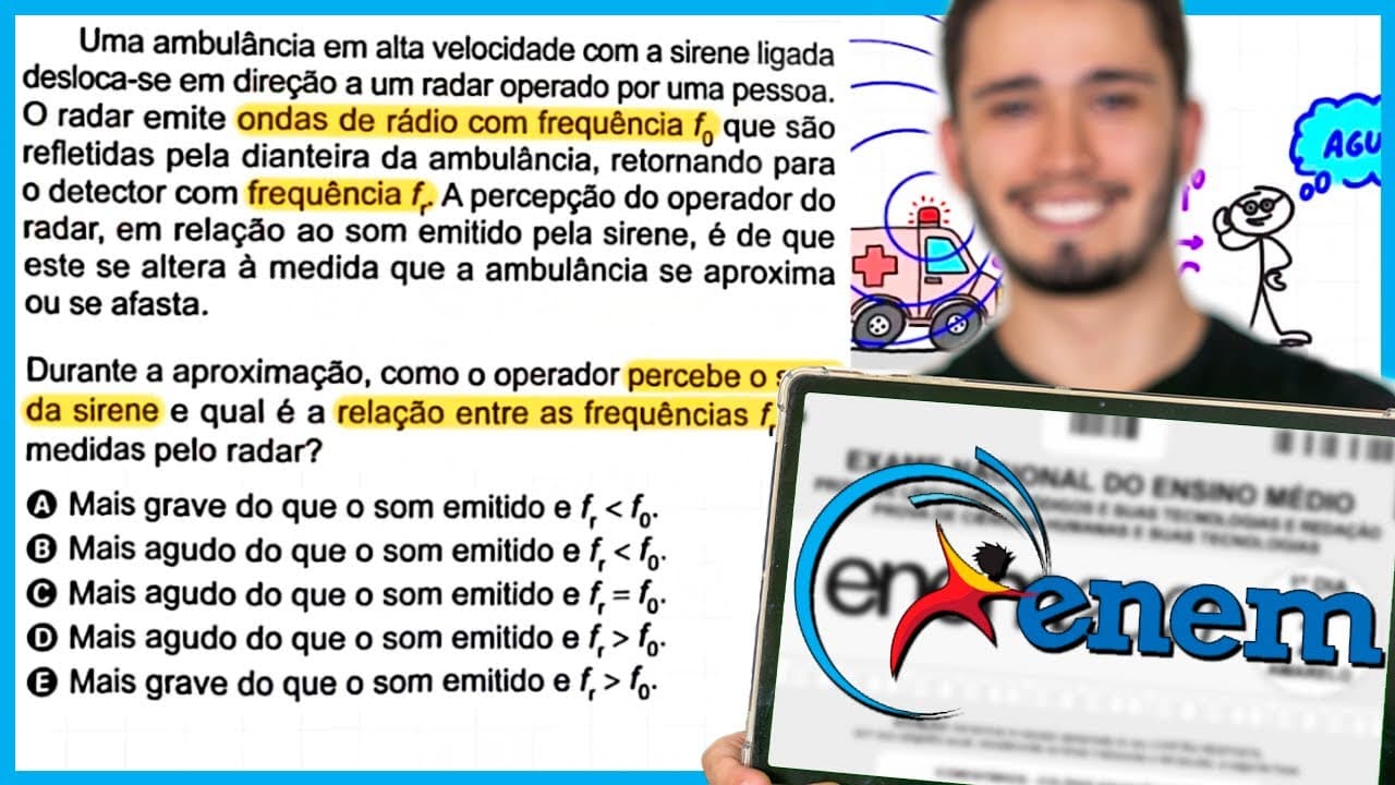 Thumbnail: ENEM 2024 -  Uma ambulância em alta velocidade com a sirene ligada desloca-se em direção a um radar
