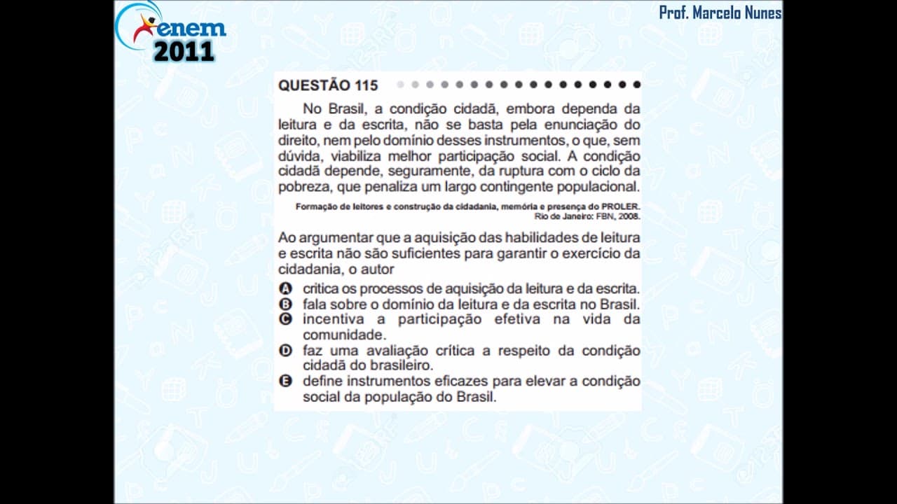 Thumbnail: Enem 2011: compreensão de texto (exercício da cidadania).