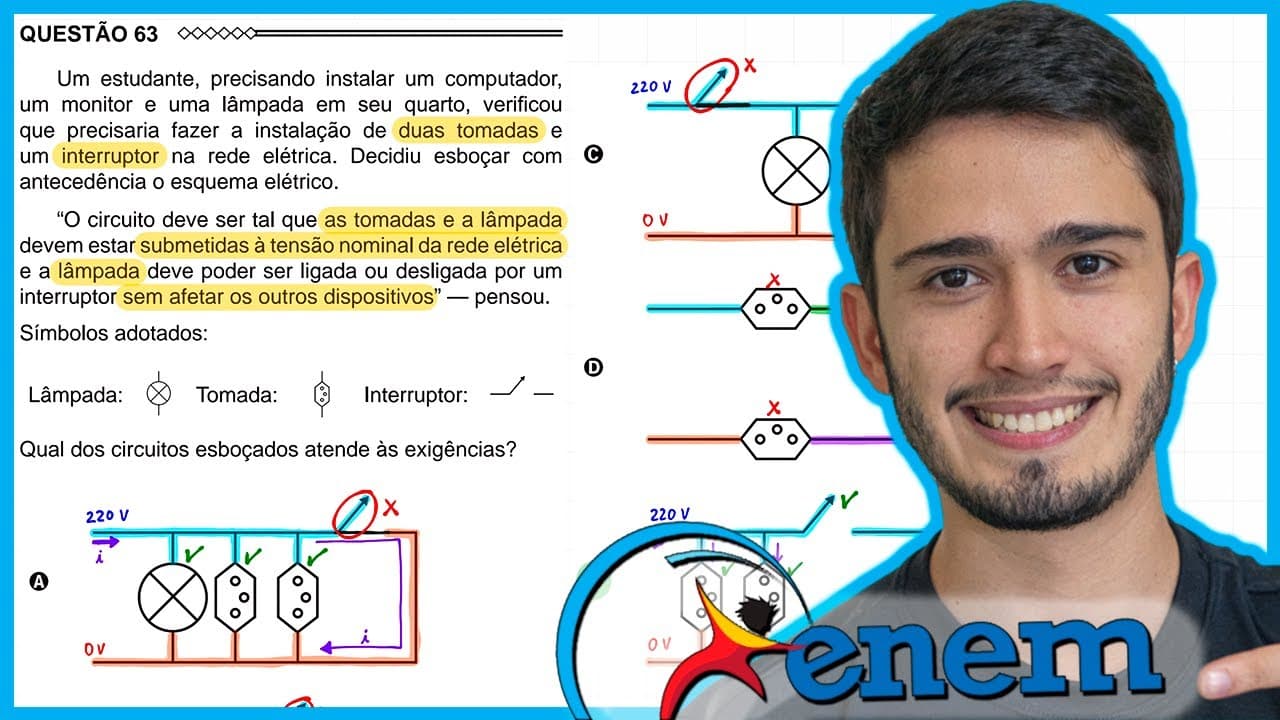 Thumbnail: ENEM 2015 - Um estudante, precisando instalar um computador, um monitor e uma lâmpada em seu quarto