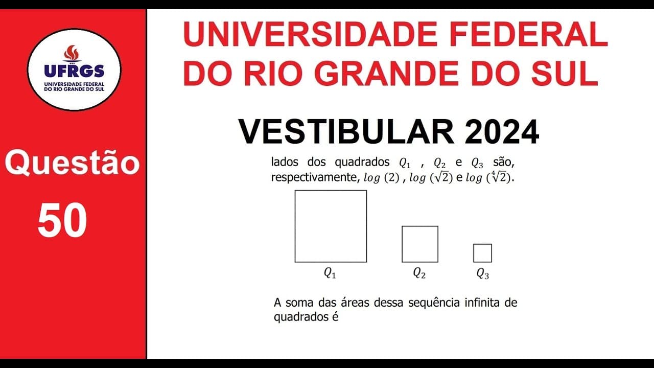 Thumbnail: UFRGS 2024 - Questão 50 - Soma das áreas dos infinitos quadrados - Logaritmos e PG infinita