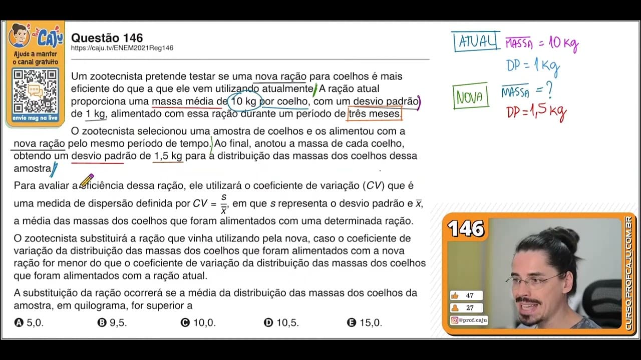 Thumbnail: [ENEM 2021] 146 📘 DESVIO PADRÃO Um zootecnista pretende testar se uma nova ração para coelhos é mais