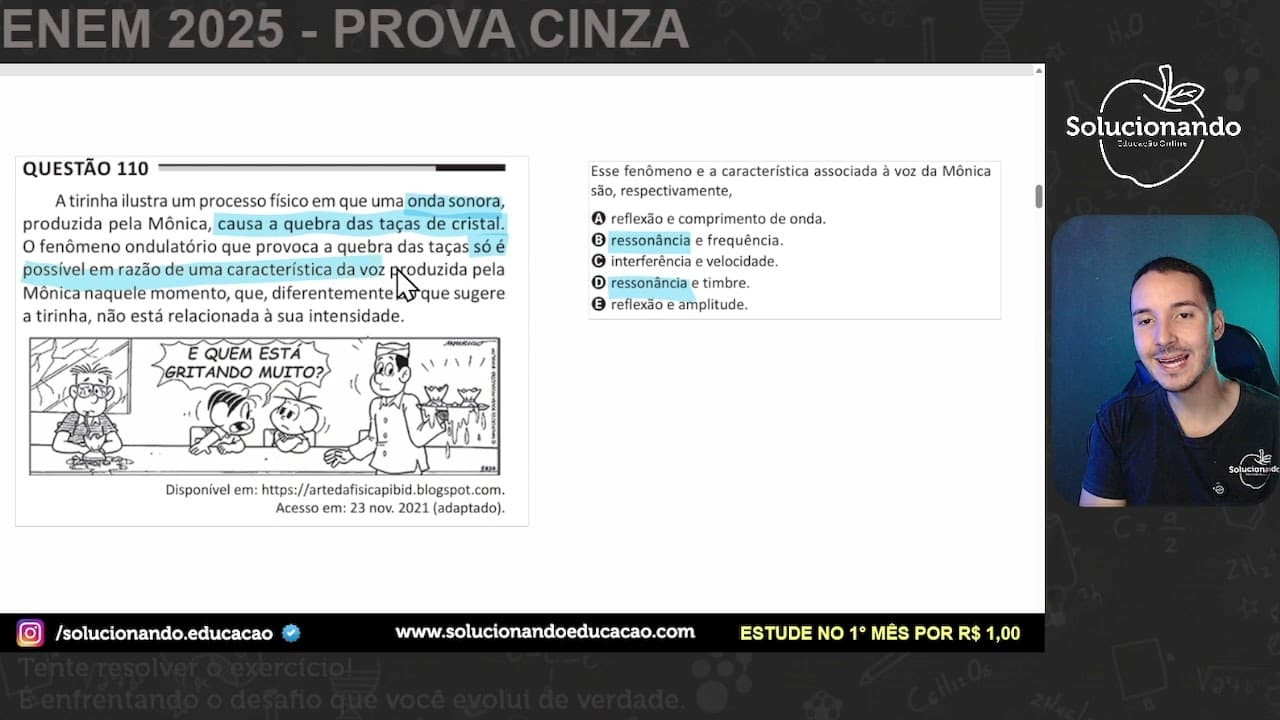 Thumbnail: ENEM 2025 - A tirinha ilustra um processo físico em que uma onda sonora, produzida pela