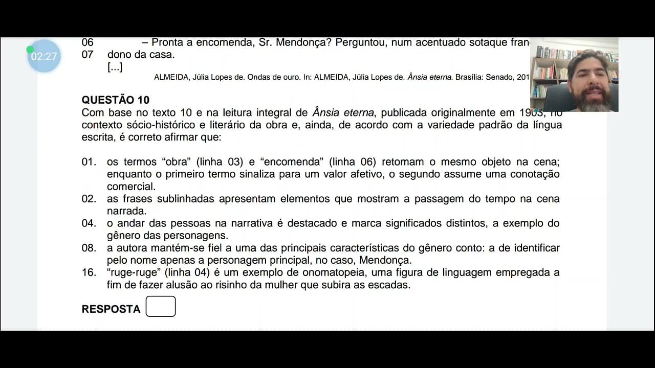 Thumbnail: Prova comentada Vestibular UFSC 2023 Língua Portuguesa e Literatura Questão 10 - Ânsia Eterna