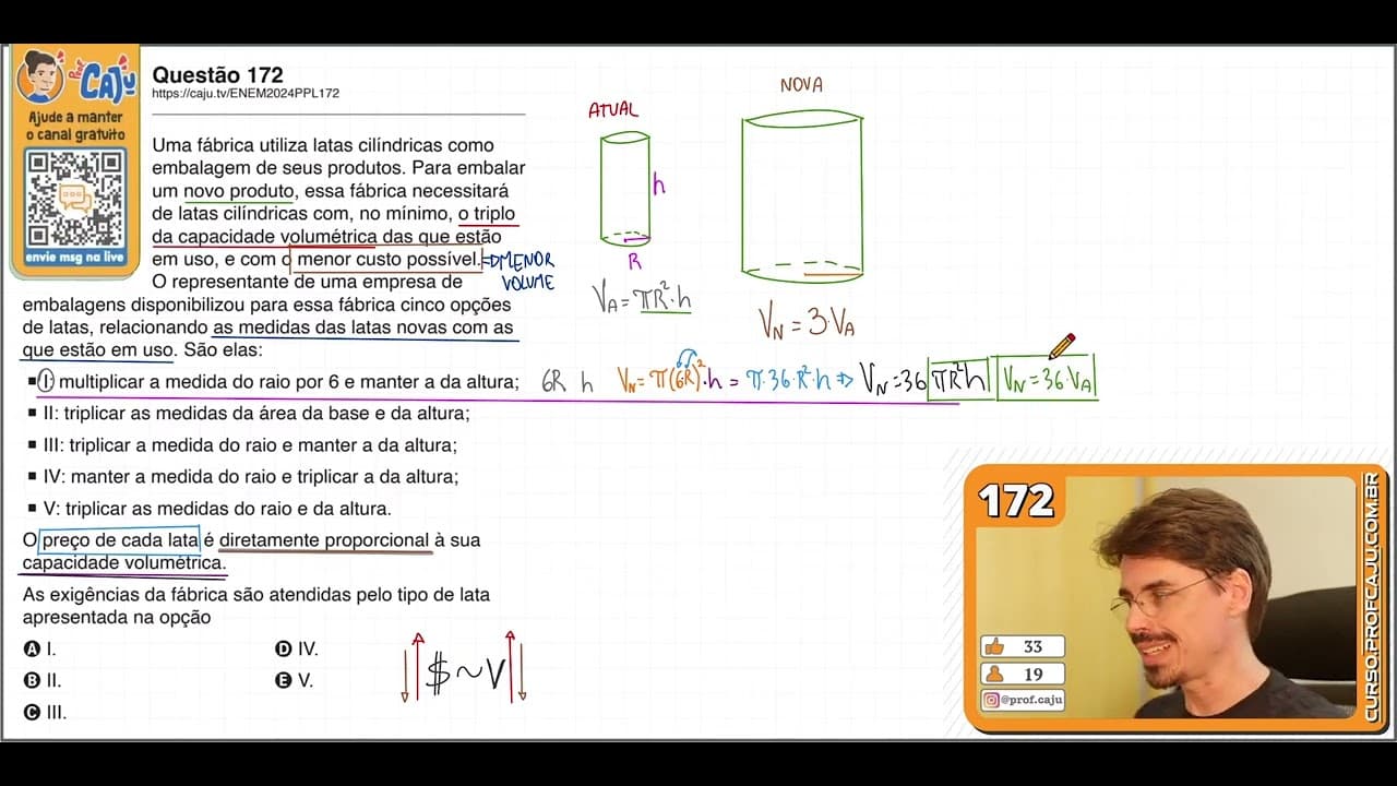 Thumbnail: [ENEM 2024 PPL] 172 📘 GEOMETRIA ESPACIAL Uma fábrica utiliza latas cilíndricas como embalagem de
