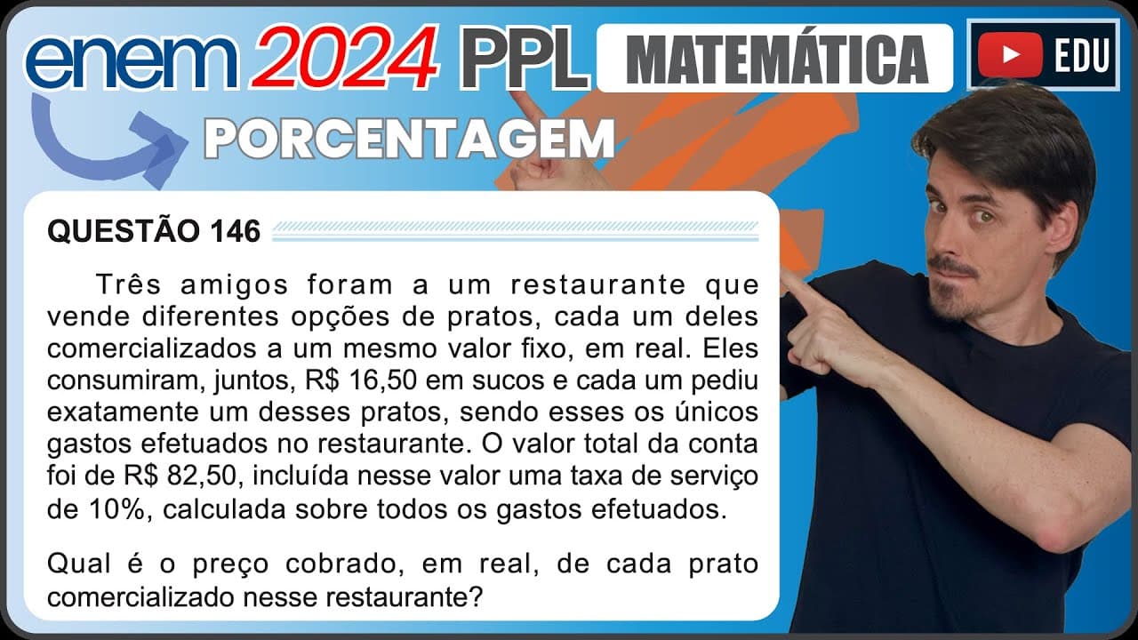Thumbnail: [ENEM 2024 PPL] 146 📘 PORCENTAGEM Três amigos foram a um restaurante que vende diferentes opções de