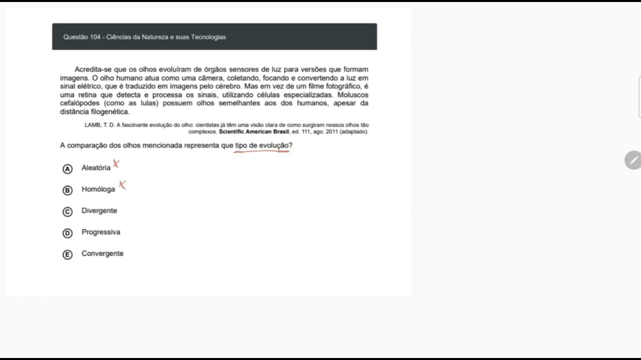 Thumbnail: Revisão sobre conceitos de evolução + Resolução. Enem 2020) "Acredita-se que os olhos evoluíram..."