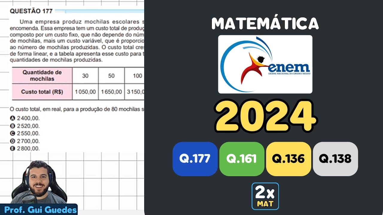 Thumbnail: Resolução Matemática ENEM 2024 - Questão 177 - Caderno Azul | Uma empresa produz mochilas escolares