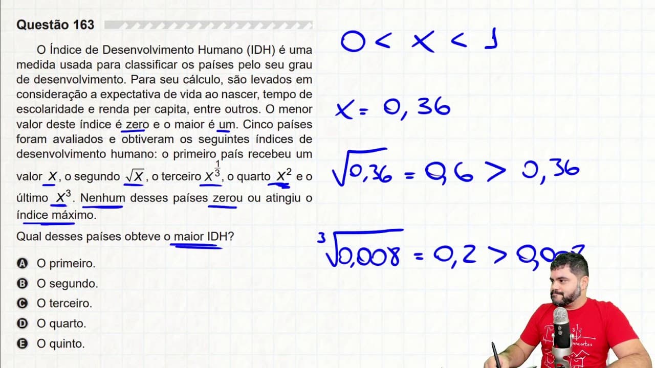 Thumbnail: 🔥 Questão de COMPARAÇÃO DE POTÊNCIAS DE X 163 ENEM 2019 | O Índice de Desenvolvimento Humano (IDH)