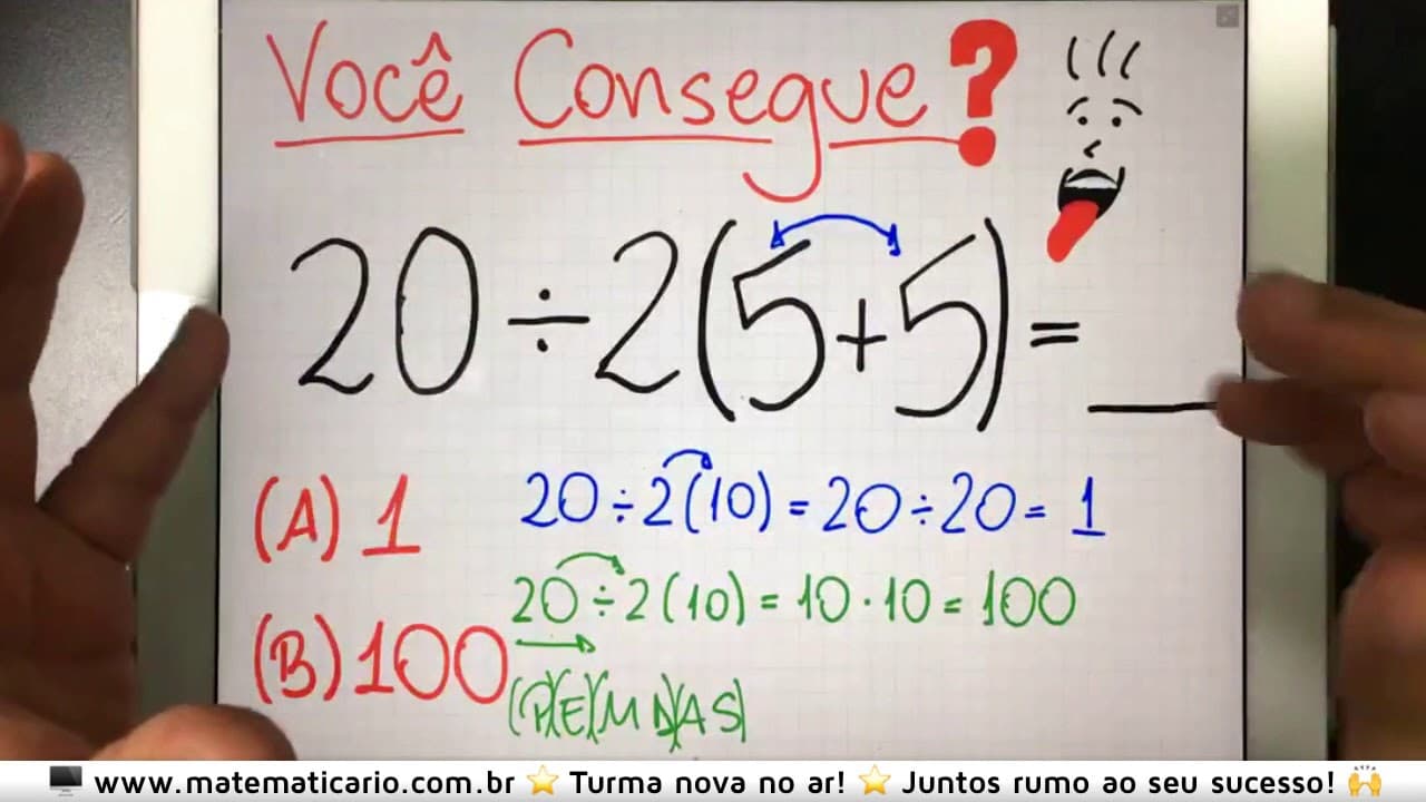 Thumbnail: 🤯 VOCÊ CONSEGUE RESOLVER ESSA EXPRESSÃO NUMÉRICA VIRAL 20÷2(5+5) APLICANDO O PEMDAS?