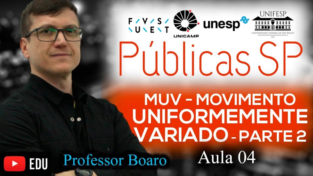 Thumbnail: MOVIMENTO UNIFORMEMENTE VARIADO - FUVEST, UNICAMP, UNESP - RESOLUÇÃO DE EXERCÍCIOS - AULA 4