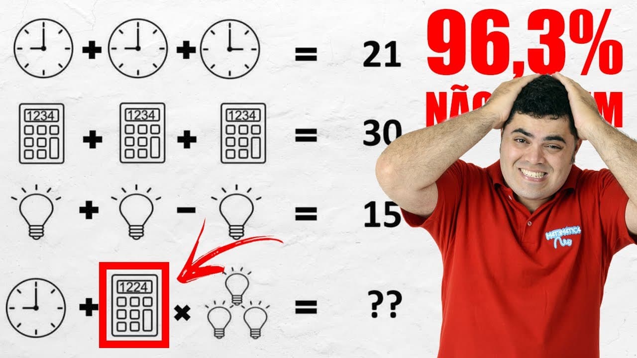 Thumbnail: 🤯 96,3% NÃO SABEM CALCULAR o Desafio do Relógio 🕘, da Calculadora 🧮 e das Lâmpadas 💡 Você Consegue?