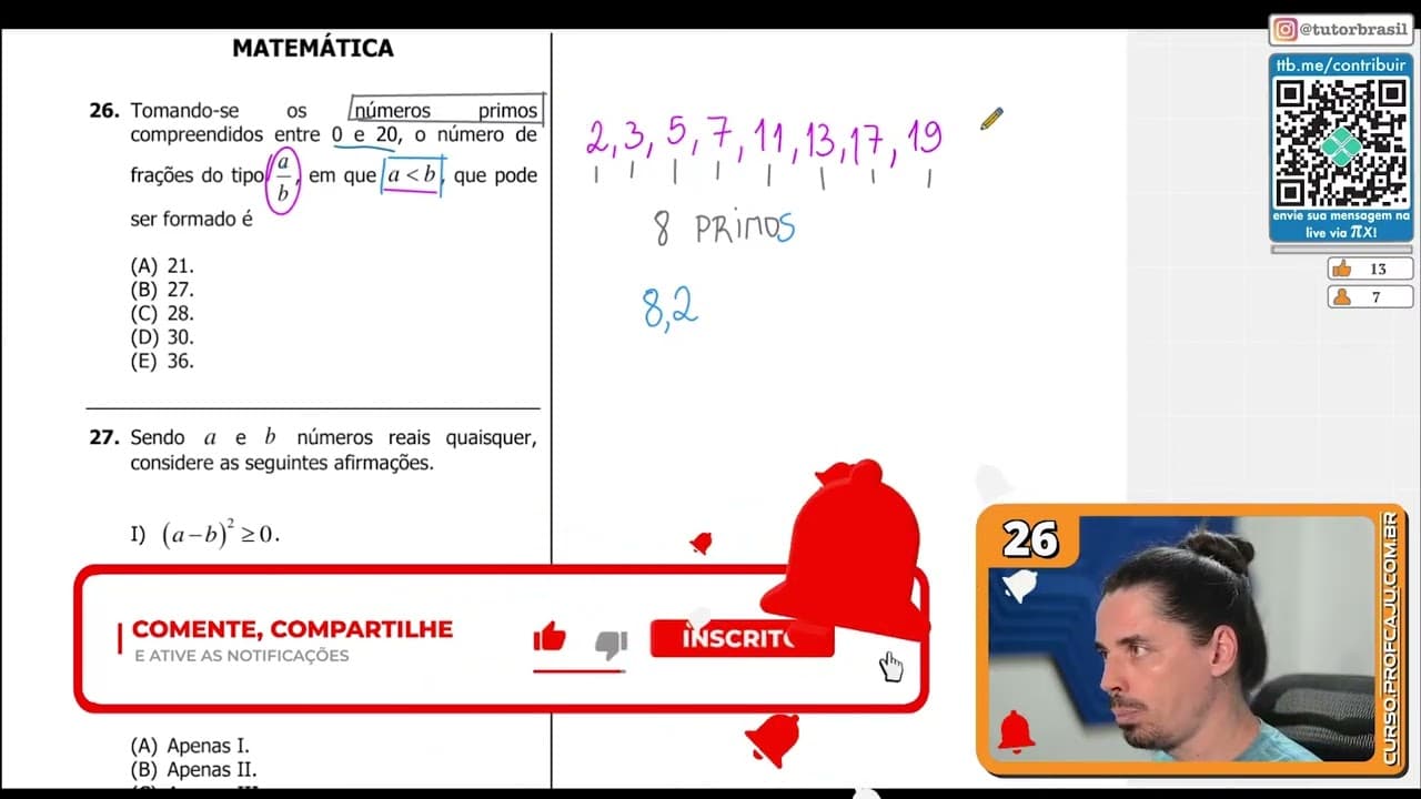 Thumbnail: [UFRGS 2018] 26 - Tomando-se os números primos compreendidos entre 0 e 20, o número de frações do