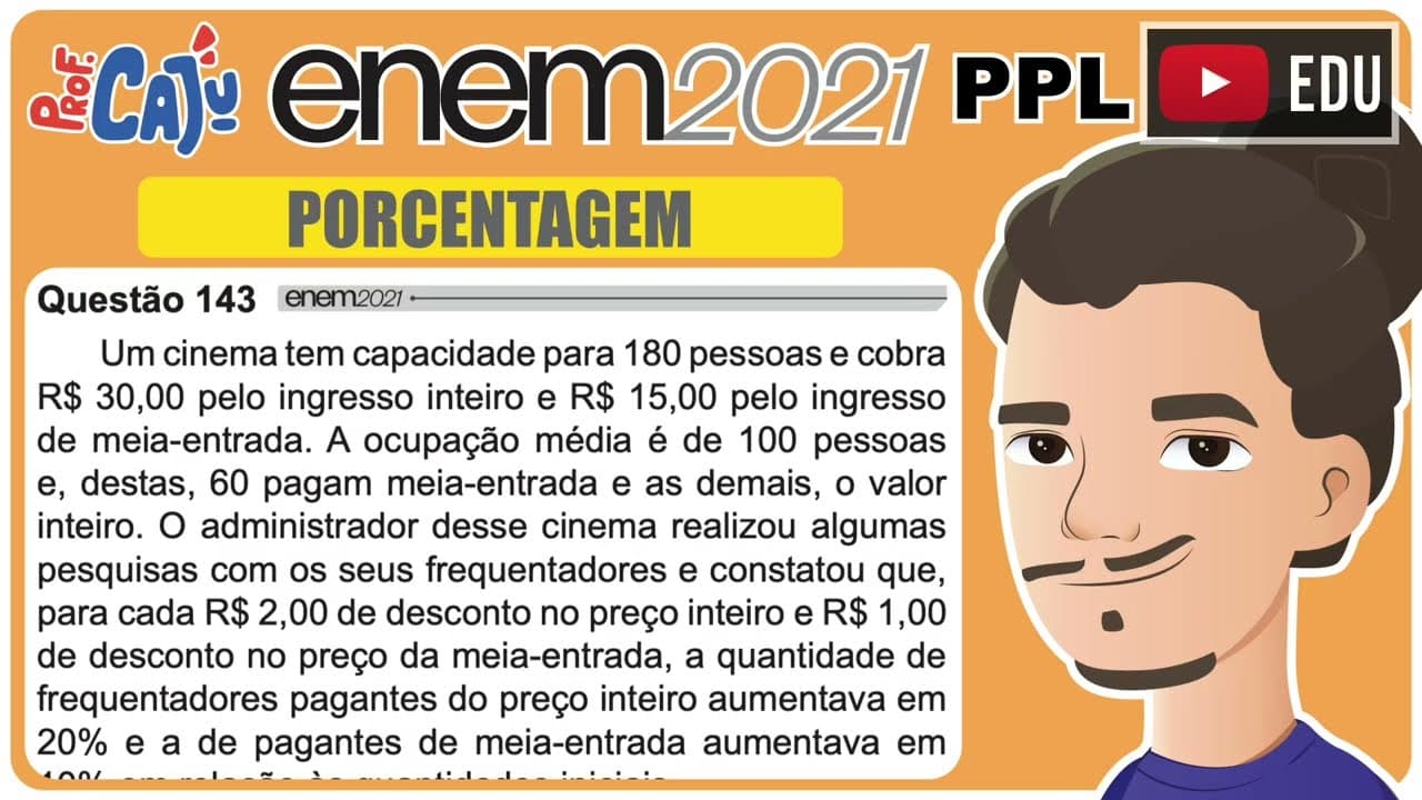 Thumbnail: [ENEM 2021 PPL] 143 📘 PORCENTAGEM Um cinema tem capacidade para 180 pessoas e cobra R$ 30,00 pelo