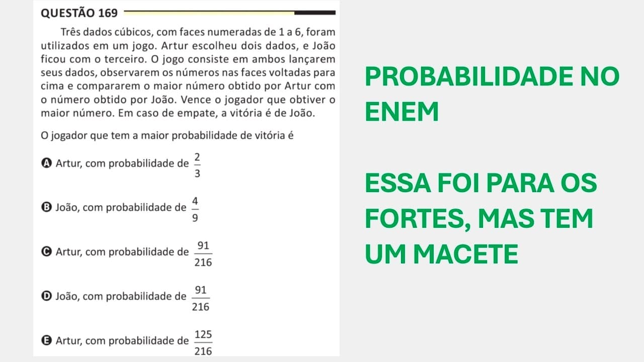 Thumbnail: ENEM 2025 - Matemática - Questão 169 (Caderno Amarelo) - Três dados cúbicos, com faces numeradas de