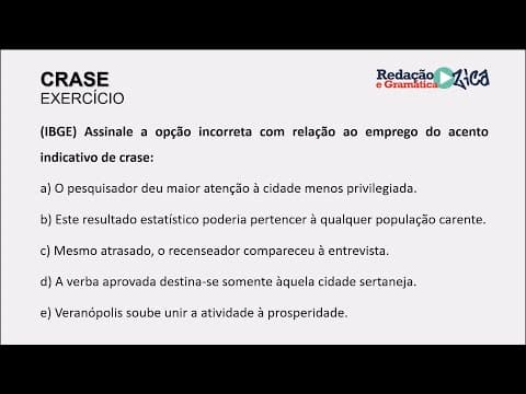 Thumbnail da aula: CRASE: RESOLUÇÃO DE EXERCÍCIO DO IBGE - Profa. Pamba
