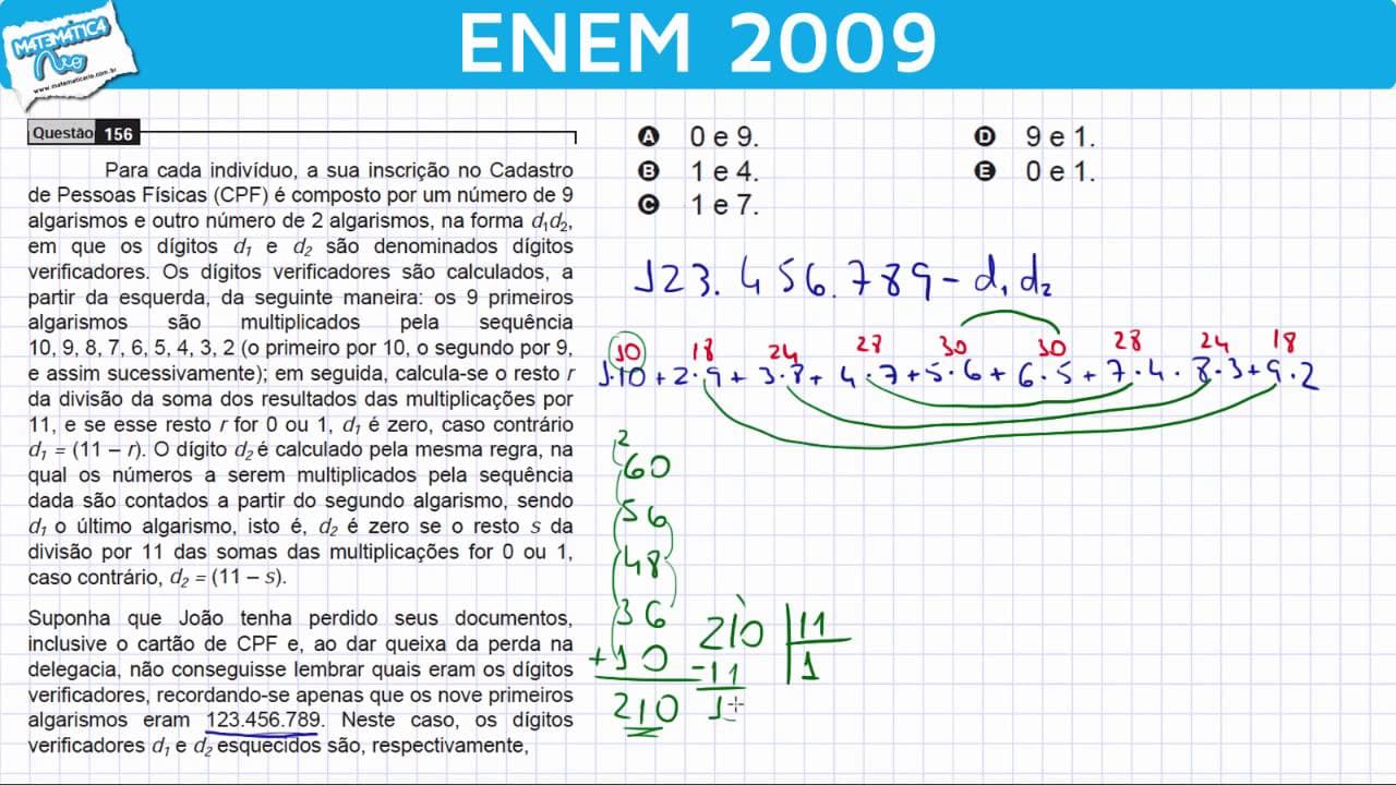 Thumbnail: ENEM 2009 Matemática #21 - Resto da Divisão e Número do CPF