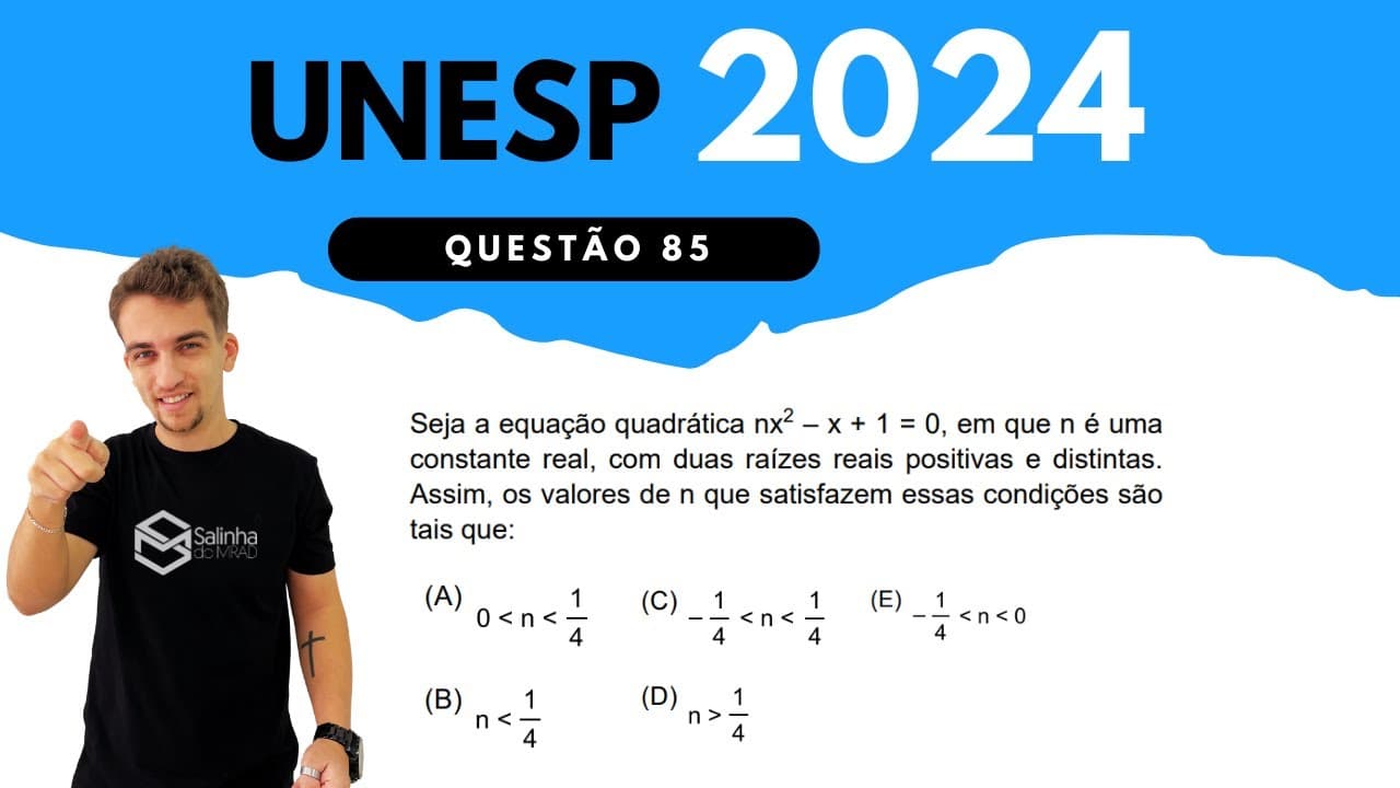 Thumbnail: UNESP 2024 - QUESTÃO 85 - Seja a equação quadrática nx^2 – x + 1 = 0, em que n é uma constante real
