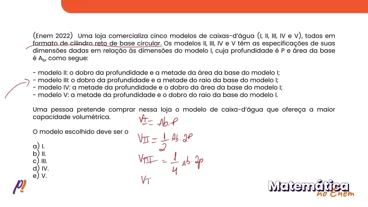 Thumbnail: ENEM 2022 - GEOMETRIA ESPACIAL | Uma loja comercializa cinco modelos de caixas-d’água...