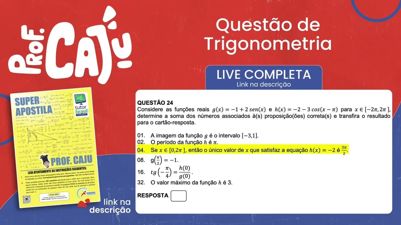 Thumbnail: [UFSC 2023] 24.04 📒 TRIGONOMETRIA Se x ∈ [0,2𝛑], então o único valor de x que satisfaz a equação