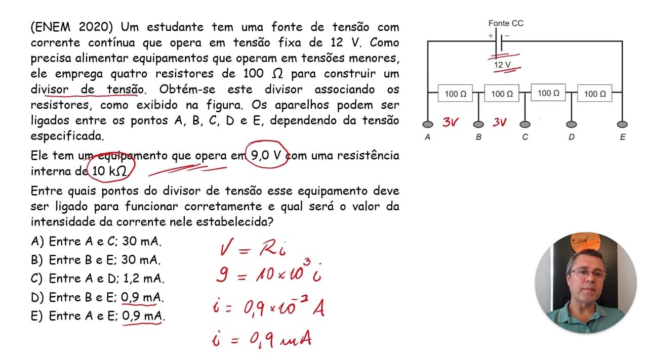 Thumbnail: ENEM 2020: Um estudante tem uma fonte de tensão com corrente contínua que opera em tensão fixa ...