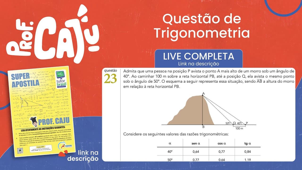 Thumbnail: [UERJ 2022] 23 📘 TRIGONOMETRIA Admita que uma pessoa na posição P avista o ponto A mais alto de um