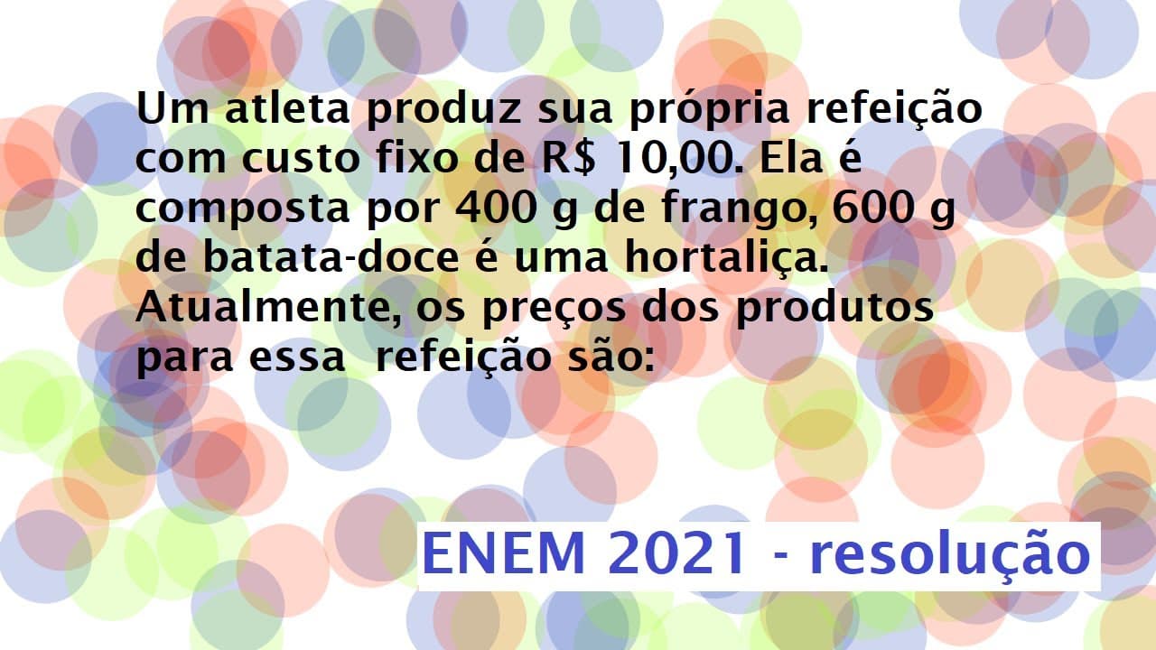 Thumbnail: Um atleta produz sua própria refeição com custo fixo de R$ 10,00. Resolução Enem 2021
