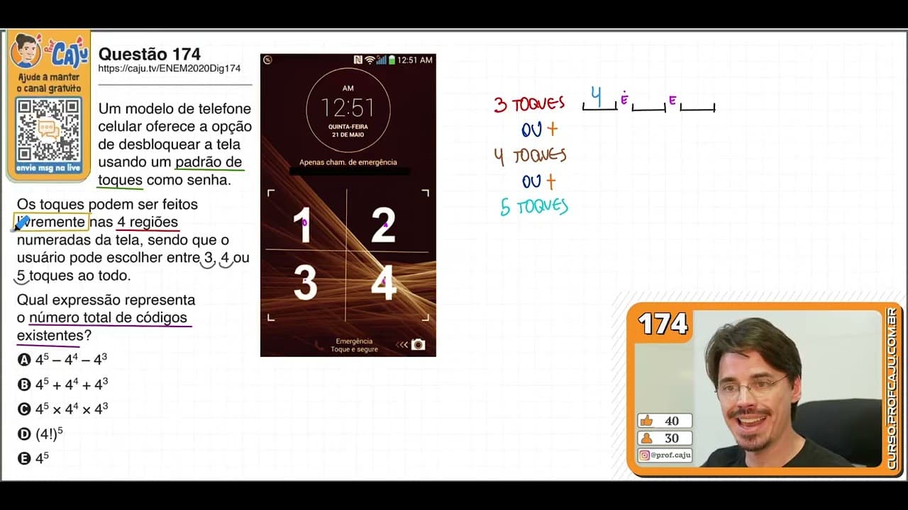 Thumbnail: [ENEM 2020 DIG] 174 📘 ANÁLISE COMBINATÓRIA Um modelo de telefone celular oferece a opção de