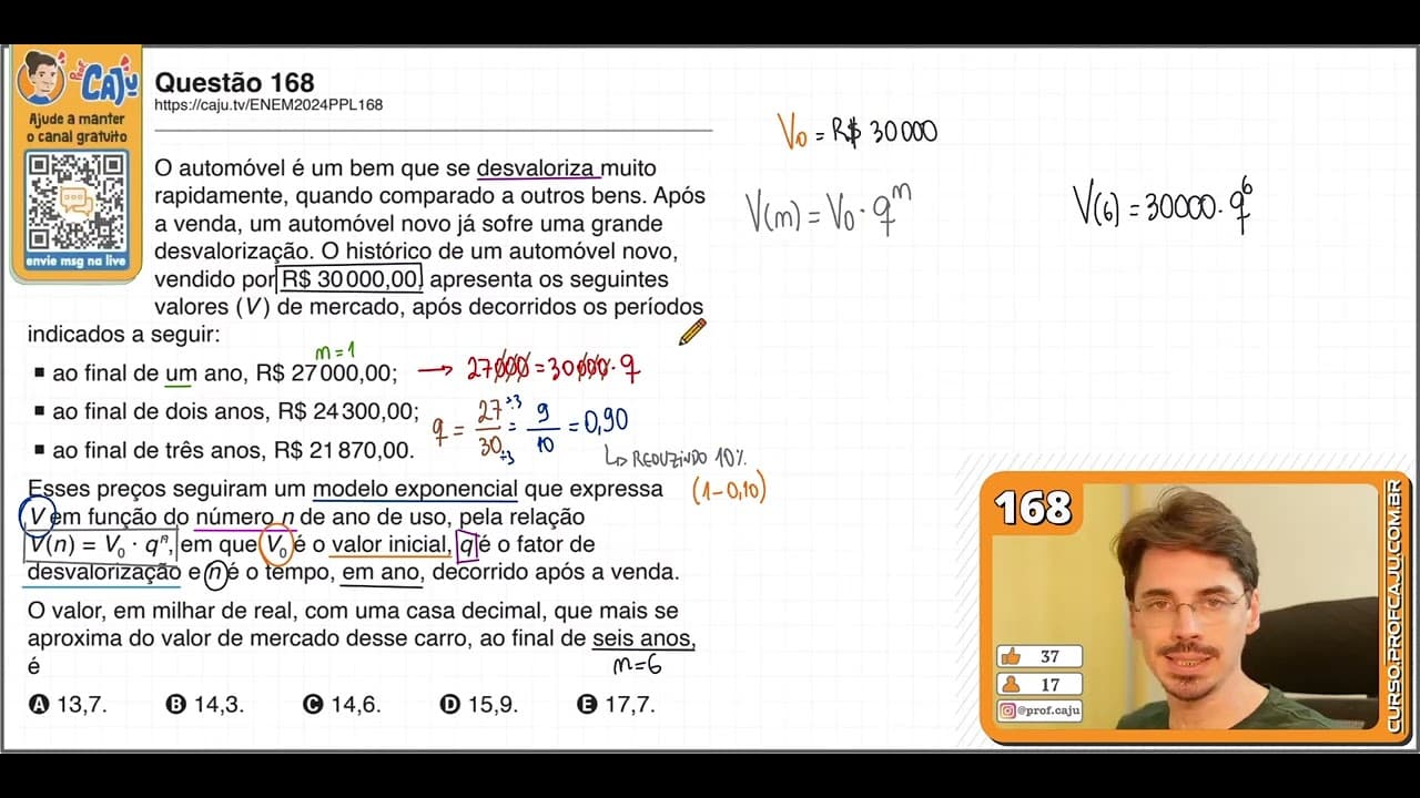 Thumbnail: [ENEM 2024 PPL] 168 📘 FUNÇÃO EXPONENCIAL O automóvel é um bem que se desvaloriza muito rapidamente
