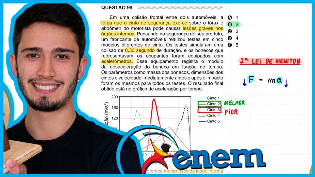 Thumbnail: ENEM 2017 - Em uma colisão frontal entre dois automóveis, a força que o cinto de segurança exerce so