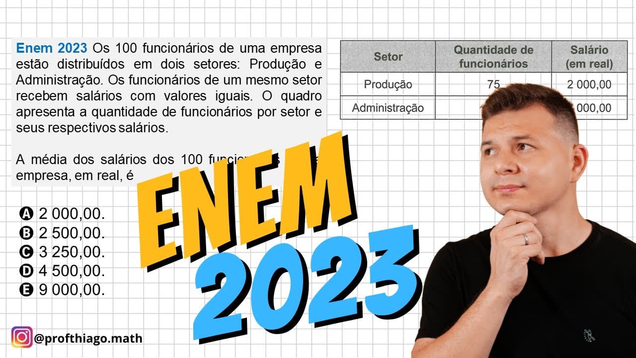 Thumbnail: ENEM 2023 - MATEMÁTICA - Os 100 funcionários de uma empresa estão distribuídos em dois setores.