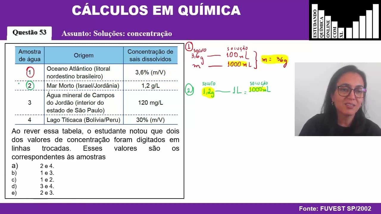 Thumbnail: Exercício 53 UNESP SP/2020:  Um estudante coletou informações sobre a concentração total de sais
