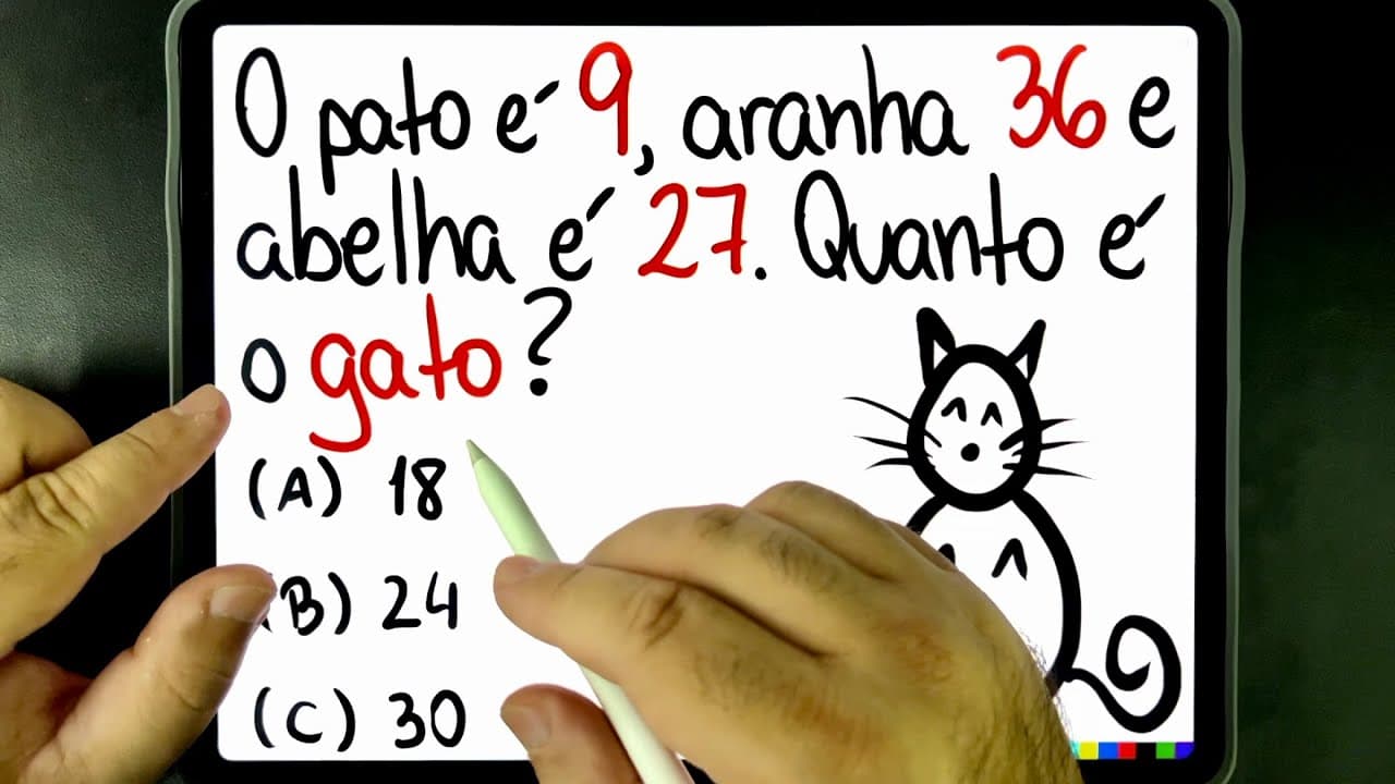Thumbnail: 🔥 RACIOCÍNIO LÓGICO BUGANTE: O pato é 9, aranha 36 e abelha é 27. QUANTO É O GATO? 😻