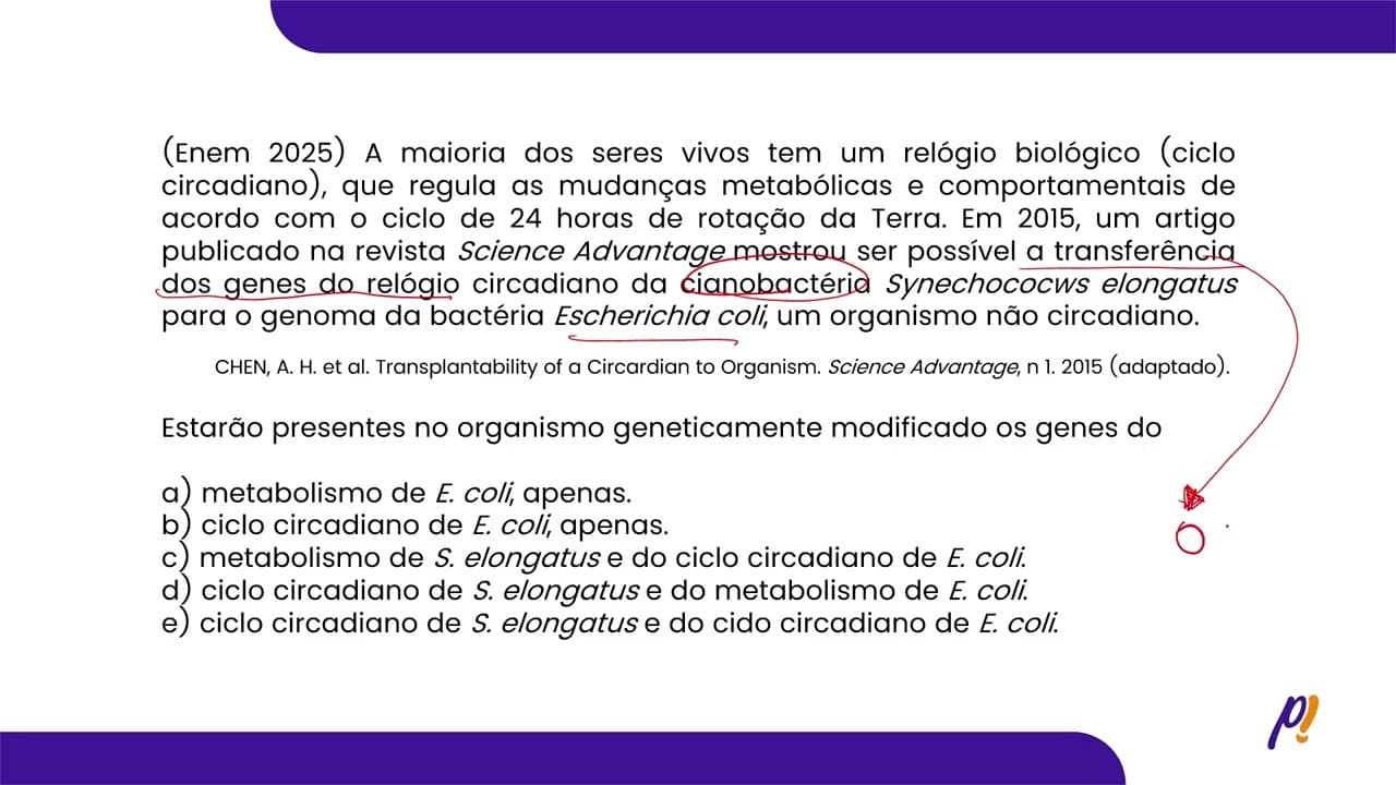 Thumbnail: ENEM 2025 | A maioria dos seres vivos tem um relógio biológico (ciclo circadiano), que regula as...
