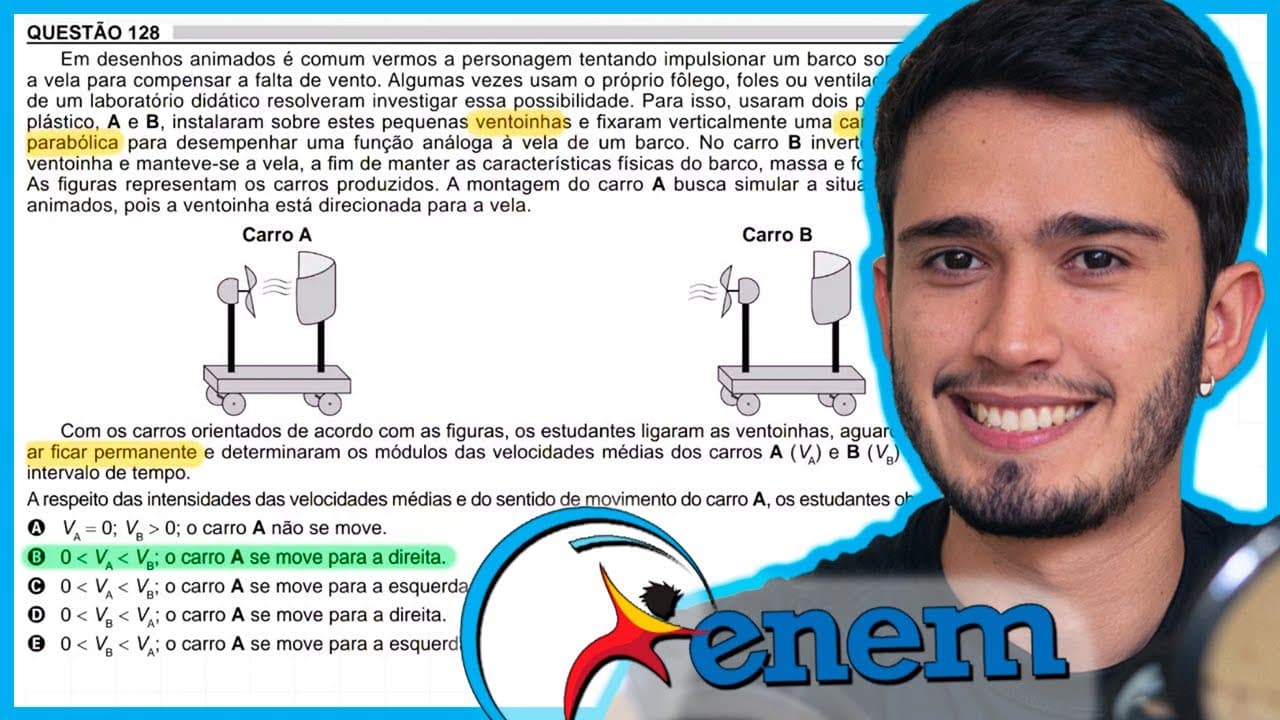 Thumbnail: ENEM 2018 - Em desenhos animados é comum vermos a personagem tentando impulsionar um barco soprando
