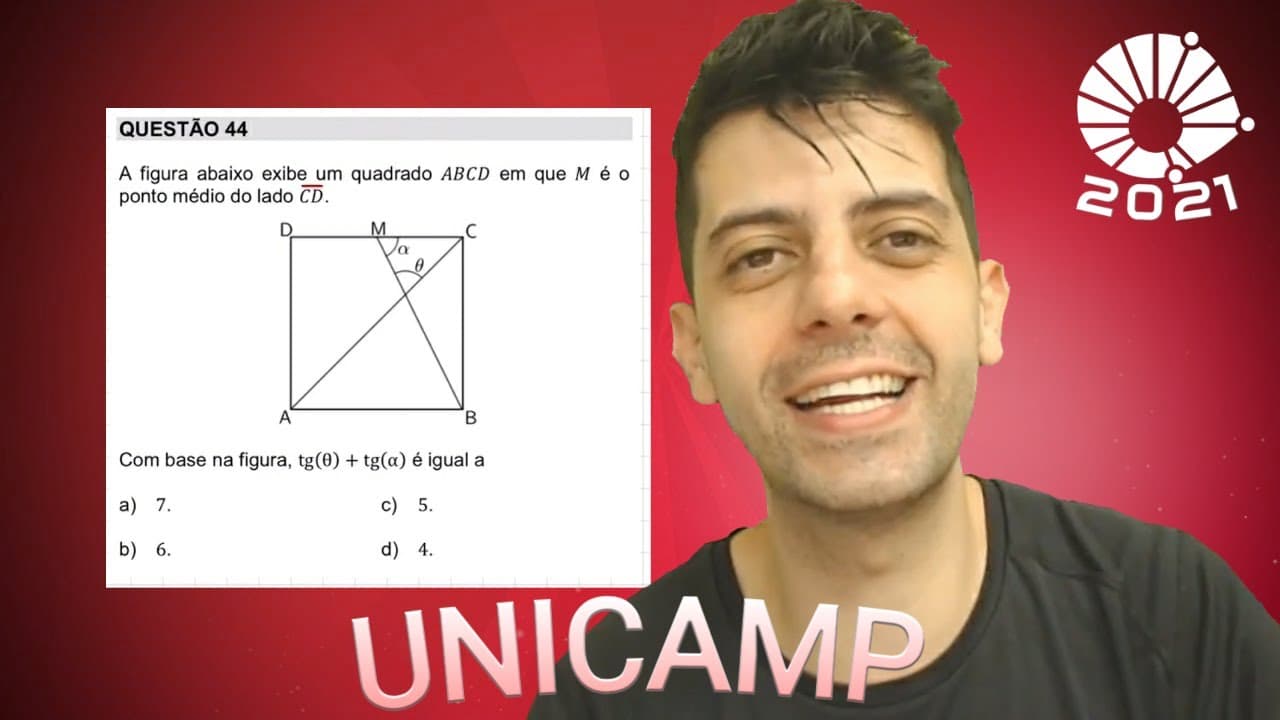 Thumbnail: UNICAMP 2021 - 1o dia Q44 Mat - A figura abaixo exibe um quadrado 𝐴𝐵𝐶𝐷 em que 𝑀 é o
