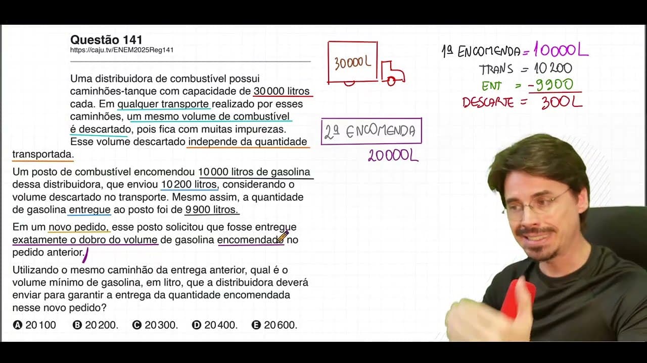Thumbnail: [ENEM 2025] 141 📘 SUBTRAÇÃO Uma distribuidora de combustível possui caminhões-tanque com capacidade