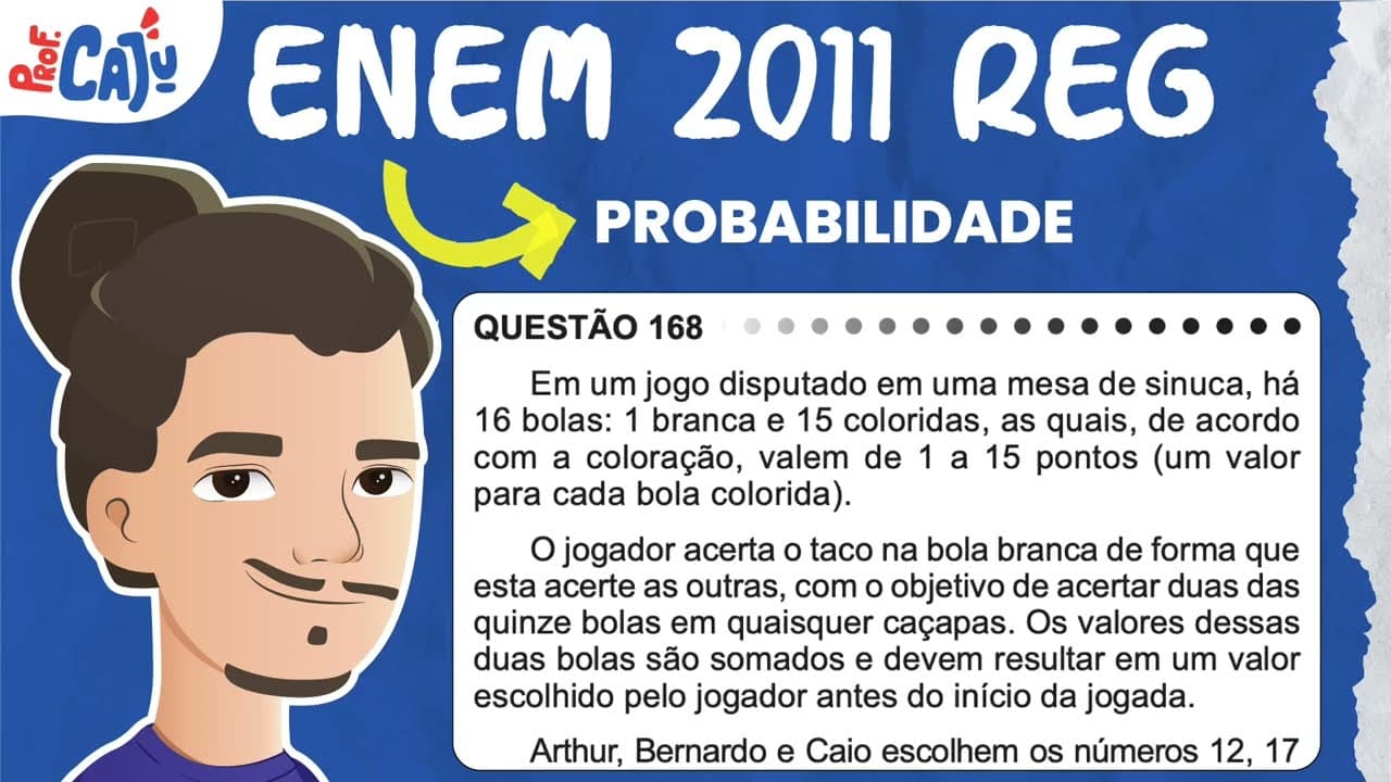 Thumbnail: [ENEM 2011] 168 📘 PROBABILIDADE Em um jogo disputado em uma mesa de sinuca, há 16 bolas: 1 branca e