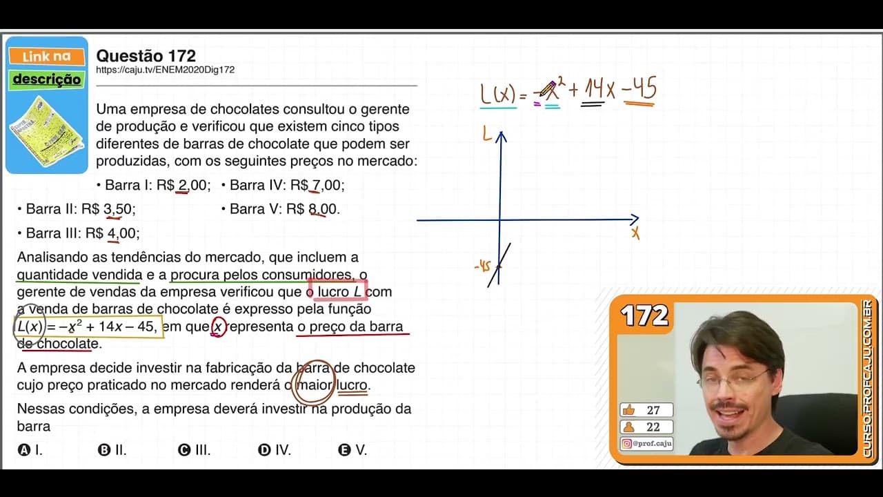Thumbnail: [ENEM 2020 DIG] 172 📘 VÉRTICE PARÁBOLA Uma empresa de chocolates consultou o gerente de produção e