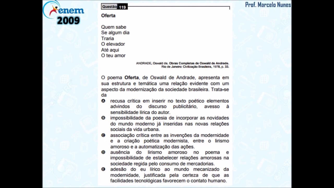 Thumbnail: Enem 2009 (PPL): compreensão de textos (poesia - Oswald de Andrade).