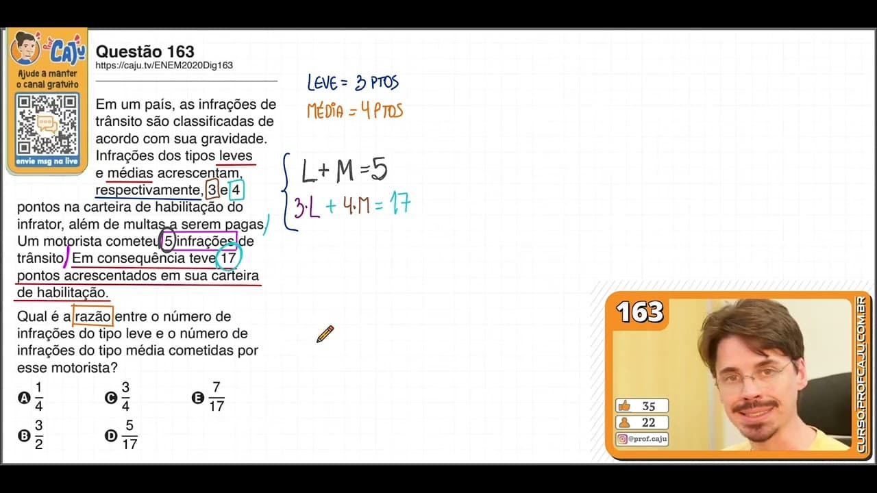 Thumbnail: [ENEM 2020 DIG] 163 📘 SISTEMA DE EQUAÇÕES Em um país, as infrações de trânsito são classificadas de
