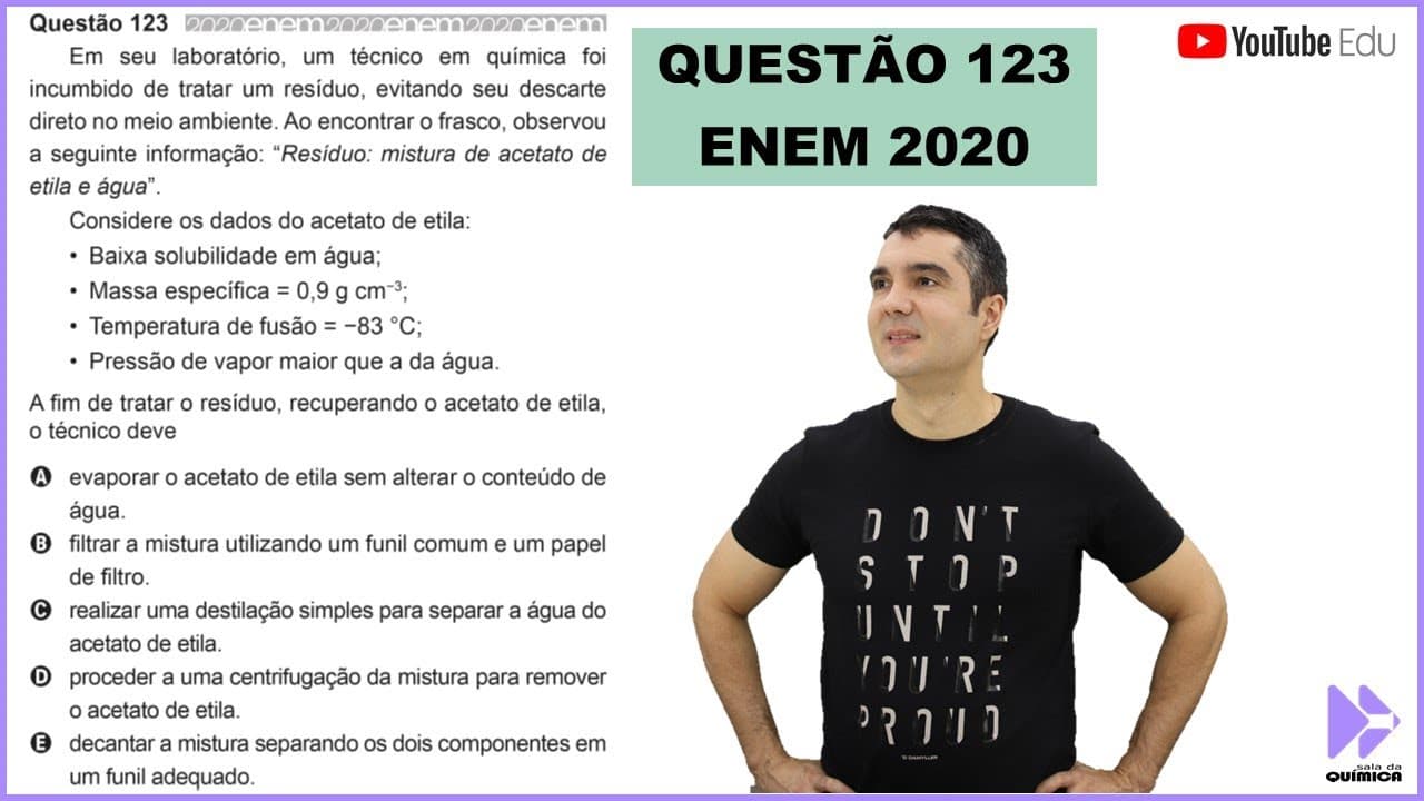 Thumbnail: QUÍMICA ENEM 2020! "Em seu laboratório, um técnico em química foi incumbido de tratar um resíduo..."