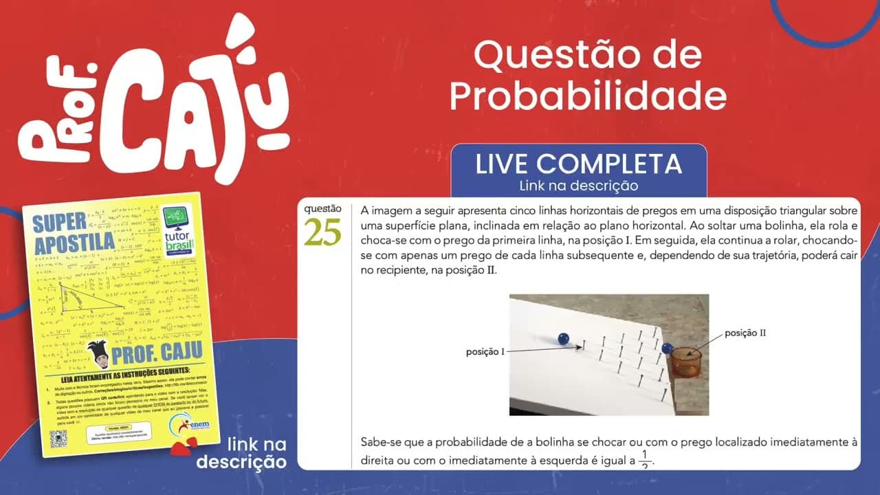 Thumbnail: [UERJ 2022] 25 📘 PROBABILIDADE A imagem a seguir apresenta cinco linhas horizontais de pregos em uma