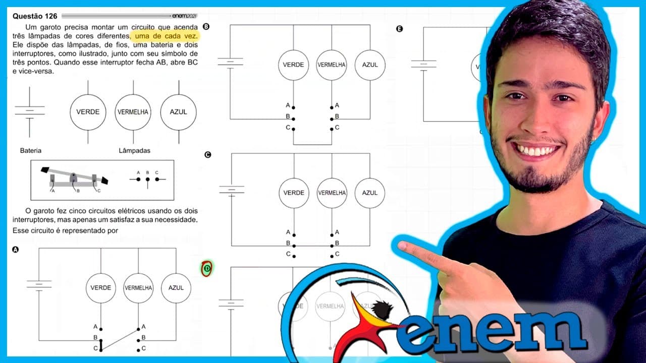 Thumbnail: ENEM 2021 - Um garoto precisa montar um circuito que acenda três lâmpadas de cores diferentes, uma d
