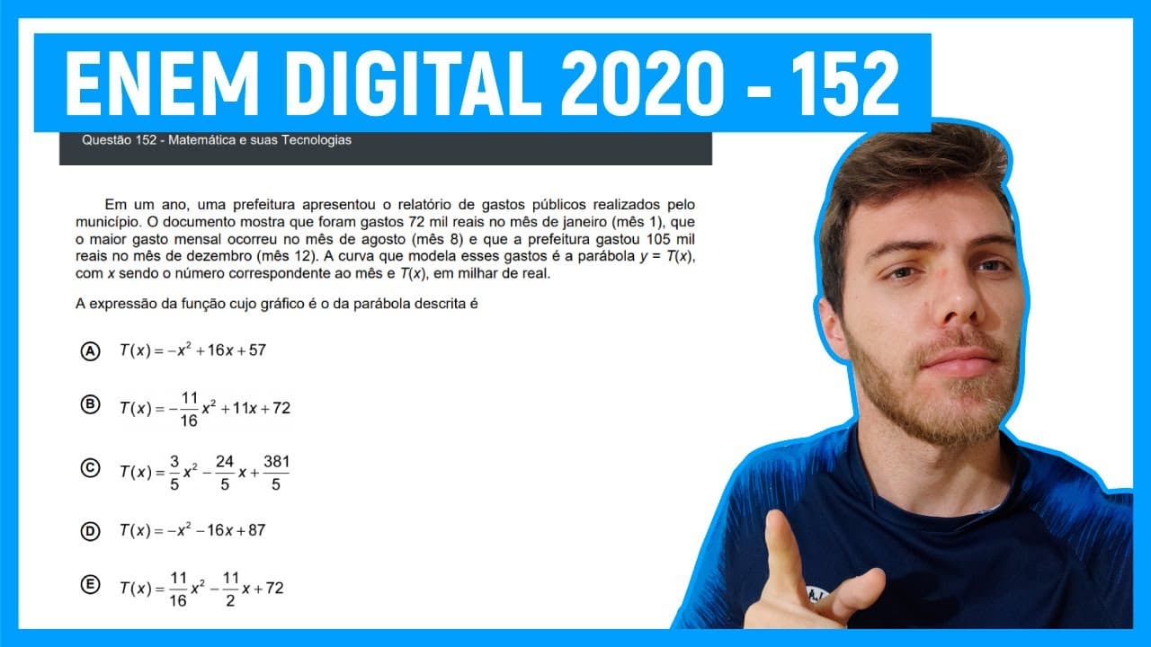 Thumbnail: 🛑Questão 152 Enem DIGITAL 2020 - FUNÇÕES DE SEGUNDO GRAU -  Em um ano, uma prefeitura aprese...