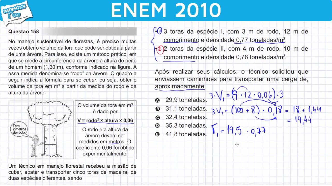 Thumbnail: ENEM 2010 Matemática #23 - Volume da Tora de uma Árvore e Cálculos Aproximados