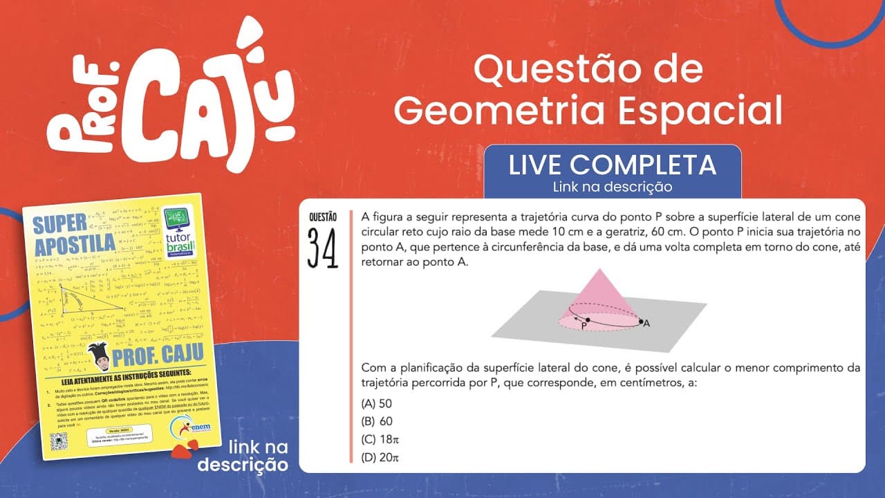 Thumbnail: [UERJ 2020] 34 📘 GEOMETRIA ESPACIAL A figura a seguir representa a trajetória curva do ponto P