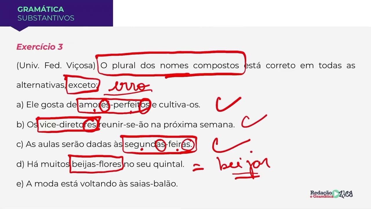 Thumbnail: PLURAL DOS SUBSTANTIVOS COMPOSTOS: RESOLUÇÃO DE EXERCÍCIO - Profa. Pamba