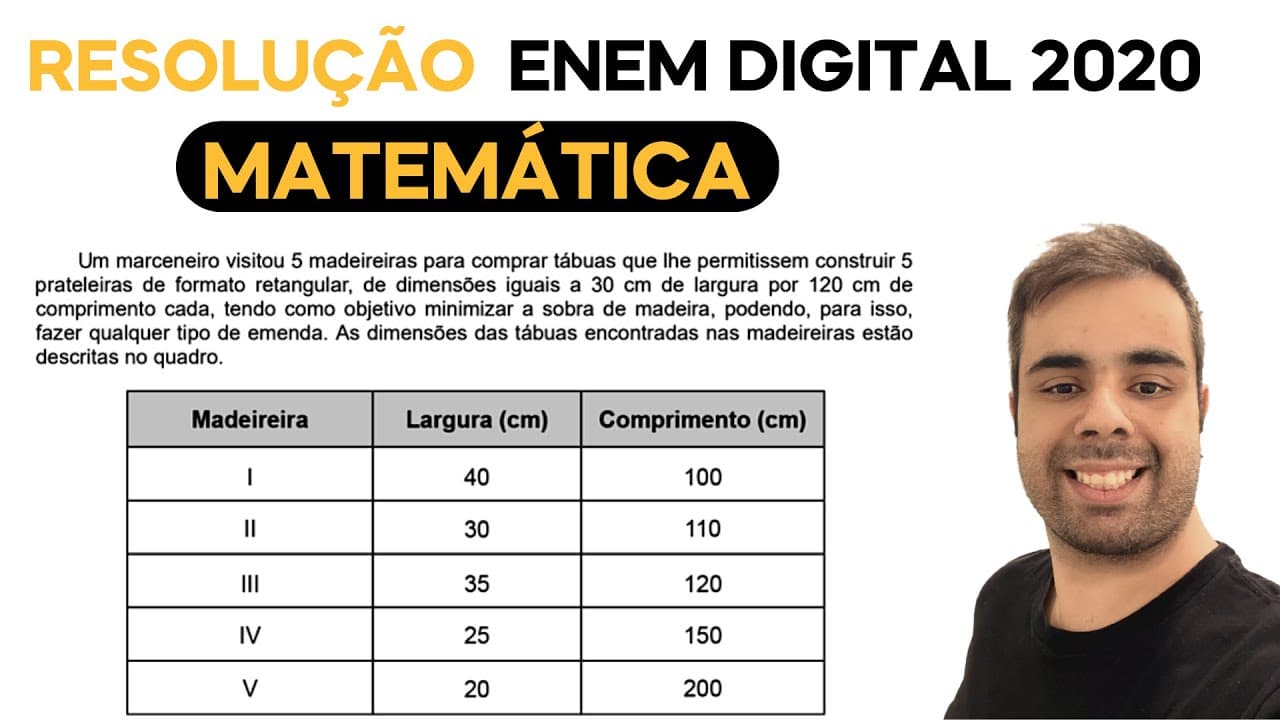 Thumbnail: ENEM DIGITAL 2020 - Um marceneiro visitou 5 madeireiras para comprar tábuas que lhe permitissem cons