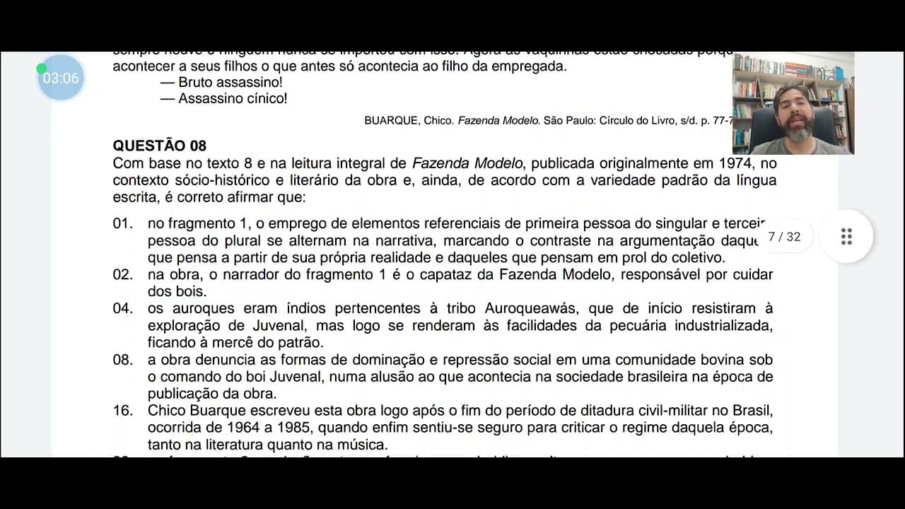 Thumbnail: Prova comentada Vestibular UFSC 2023 Língua Portuguesa e Literatura Questão 08 - Fazenda Modelo