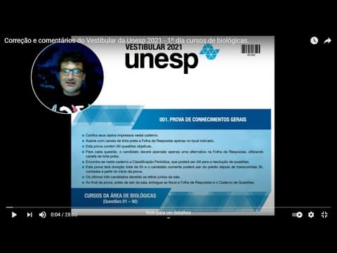Thumbnail da aula: Correção e comentários do Vestibular da Unesp 2021 - 1º dia cursos de biológicas.